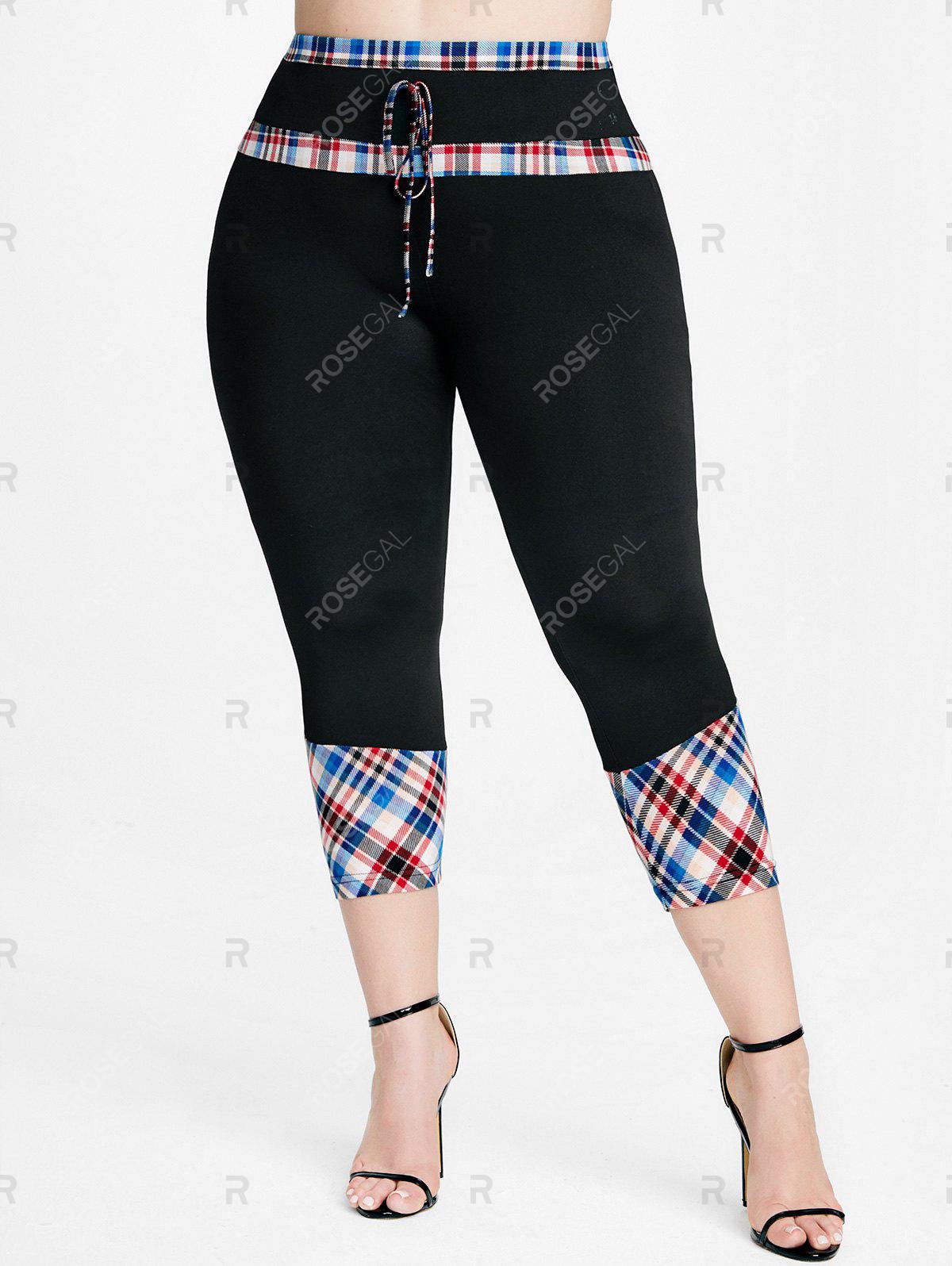 Plaid Harness Halter Handkerchief Tank Top and Plaid High Waisted Capri Leggings Plus Size Summer Outfit