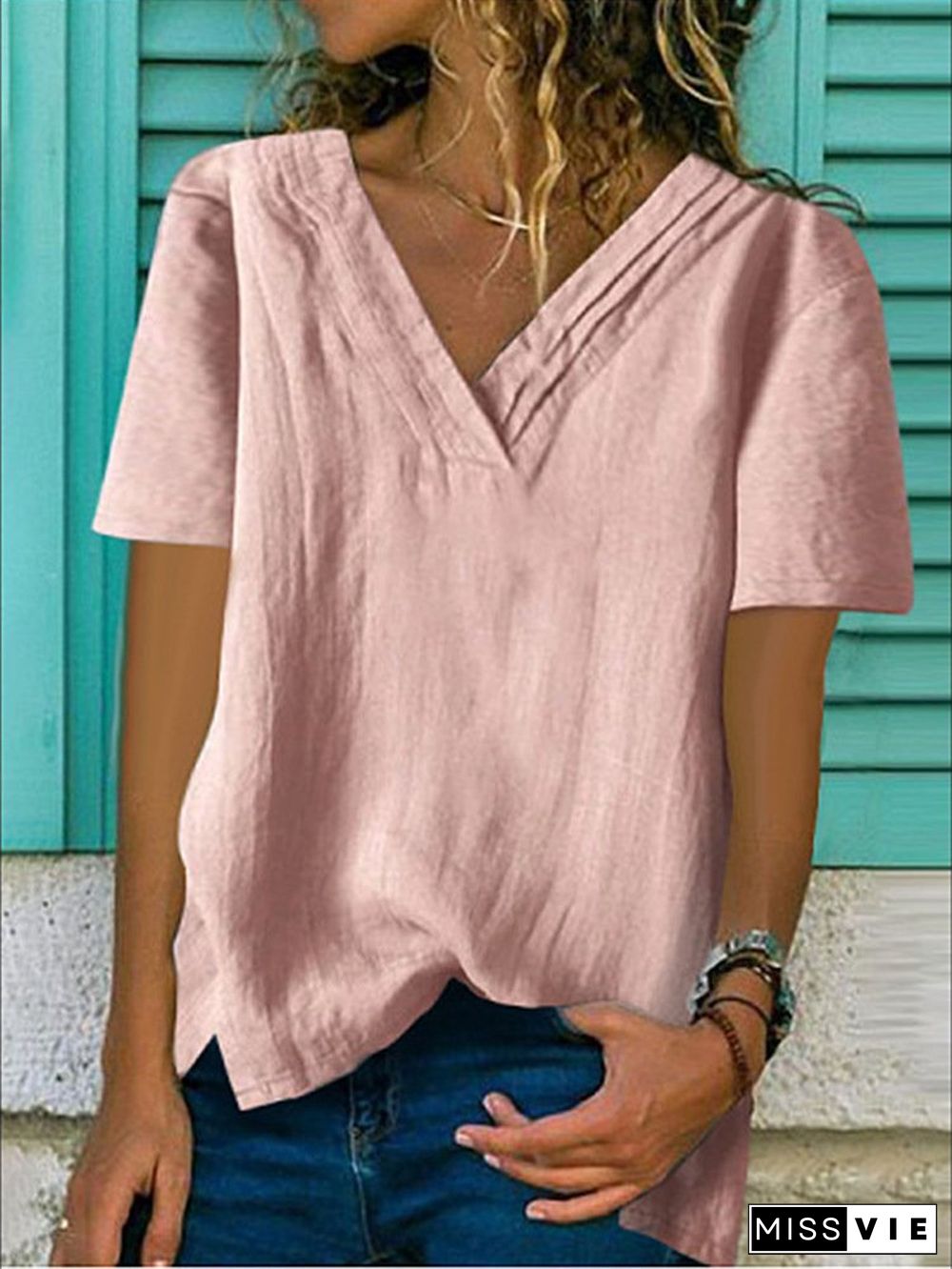 Women's Big V Neck Short Sleeve Hem Bifurcated Multi-layer Collar Pleated T-Shirt Top