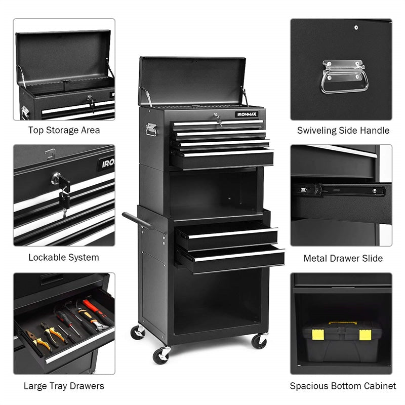 6-Drawer Rolling Tool Chest 3-in-1 Tool Storage Cabinet with Auto Locking System & Lockable Wheels