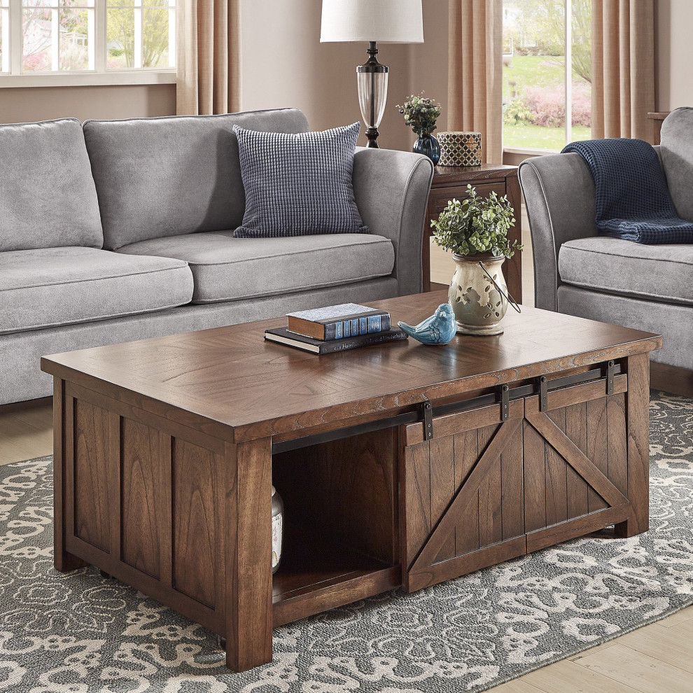 Farmhouse Coffee Table  Open Shelves  Sliding Barn Doors With Large Top  Brown   Transitional   Coffee Tables   by Declusia  Houzz