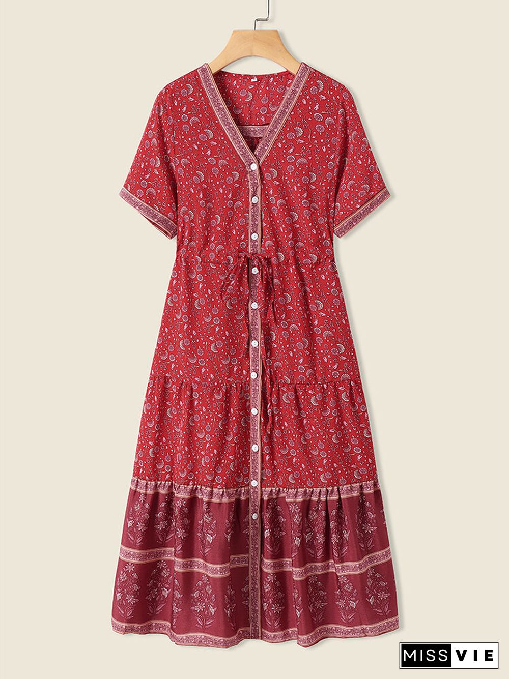 Bohemian Floral Print Drawstring Waist Button V-neck Chiffon Dress