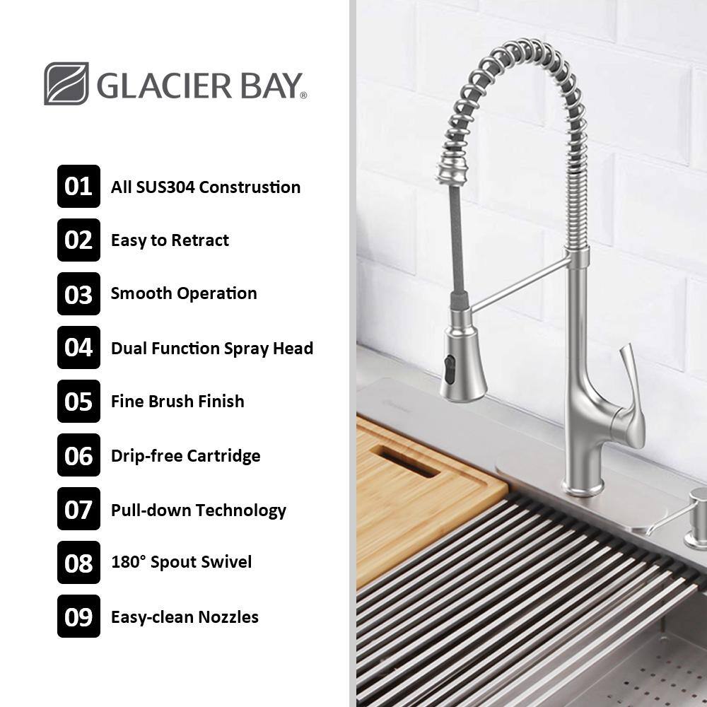 Glacier Bay AIO Zero Radius Undermount 18G Stainless Steel 33 in. 5050 Double Bowl Workstation Kitchen Sink with Spring Neck Faucet 4306F-2