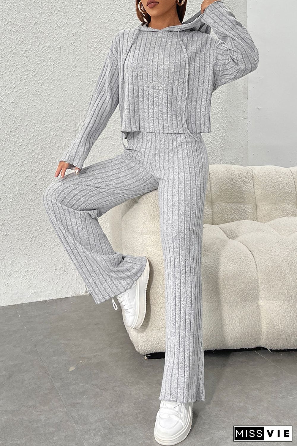 Gray Ribbed Knit Slouchy Hoodie Wide Leg Pants Set