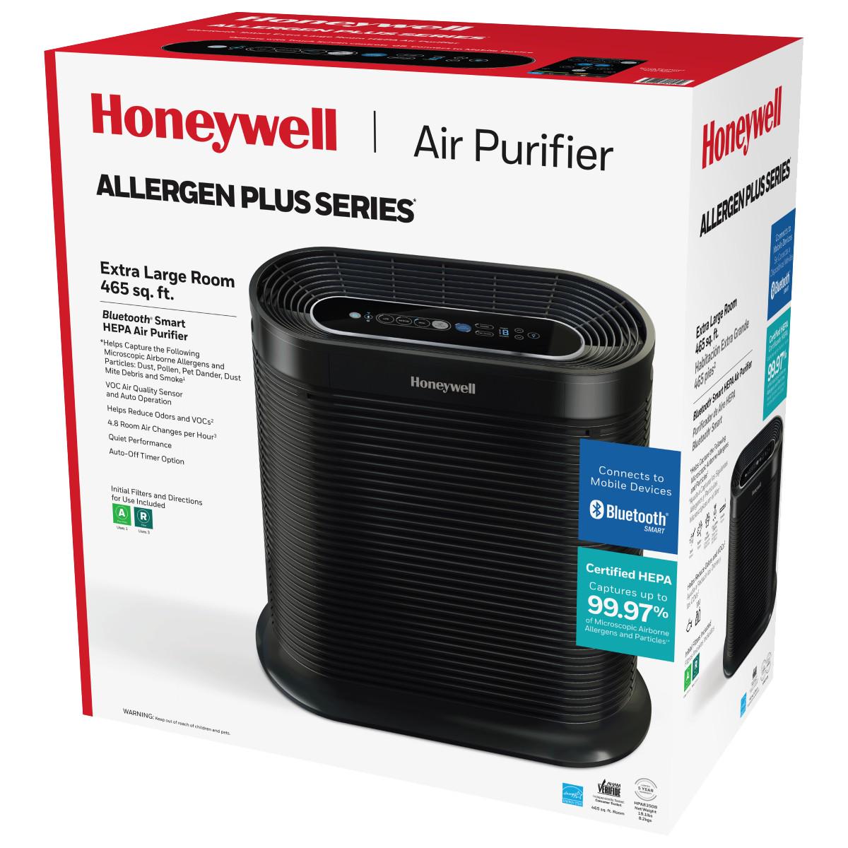 Honeywell HEPA Air Purifier， Bluetooth Smart for Extra Large Rooms (465 sq.ft)， HPA8350B， Black