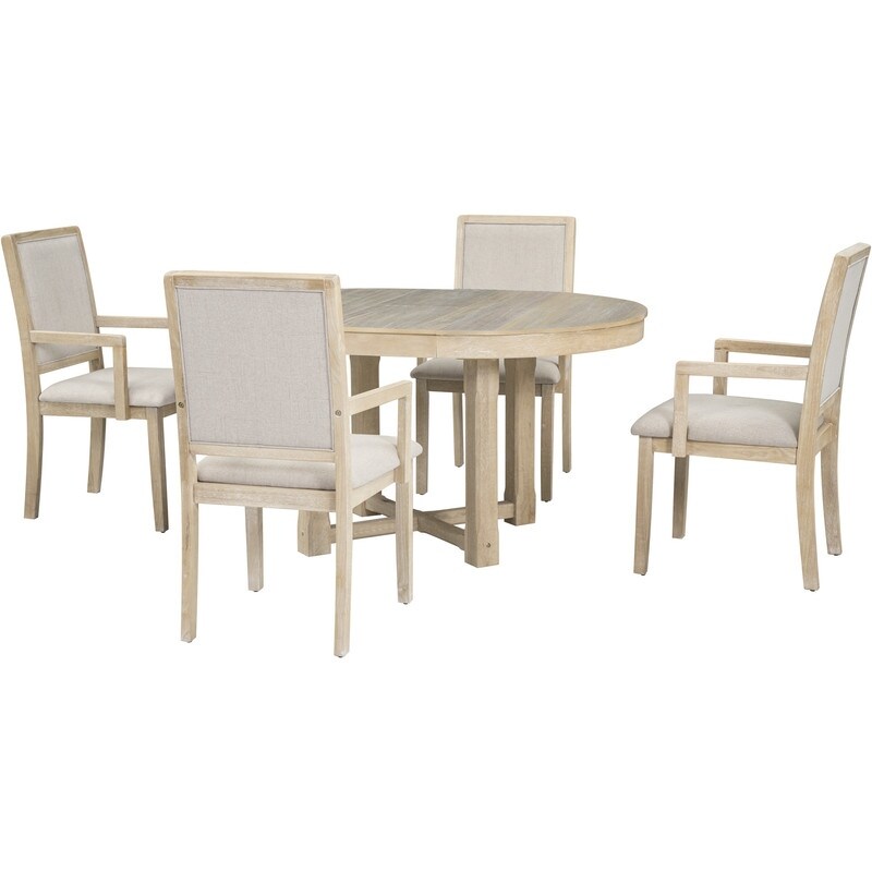 5 Piece Elegant Dining Table Set  Extendable Butterfly Leaf Wood Dining Table and 4 Upholstered Dining Chairs with Armrests