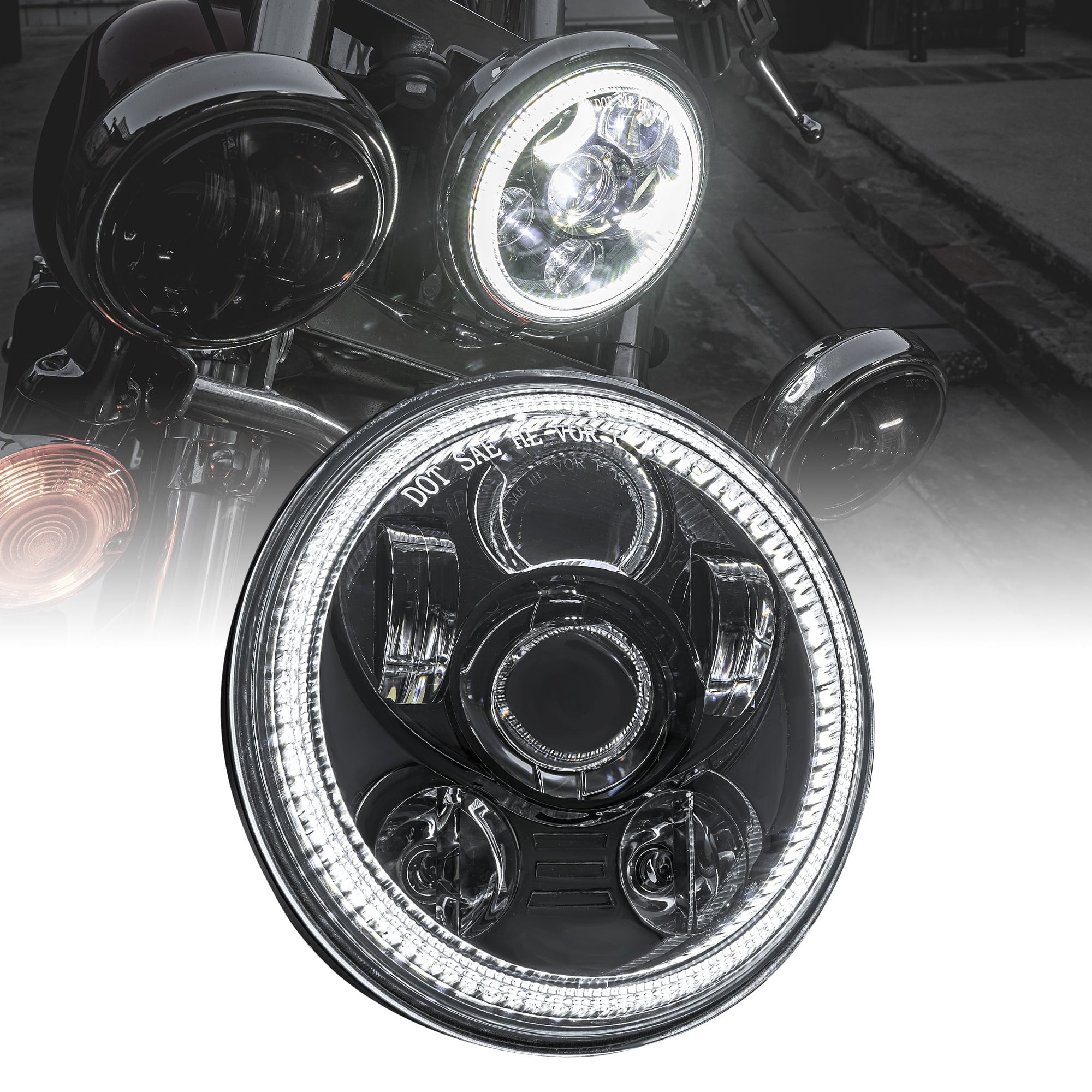 Black 5.75 (5 3/4) Round HALO DRL LED Headlight for Harley Davidson Dyna Street