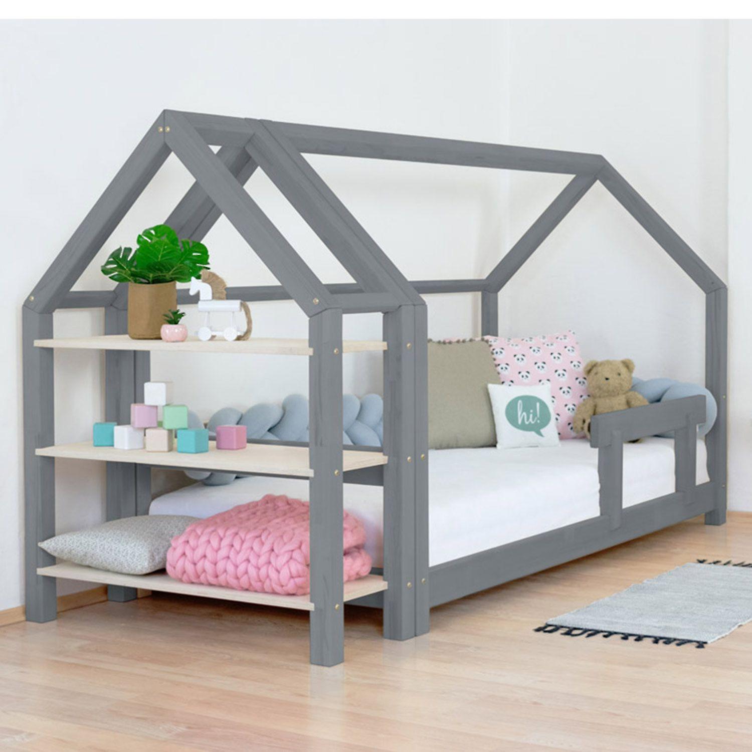 House bed with shelf 120 x 190 grey and natural