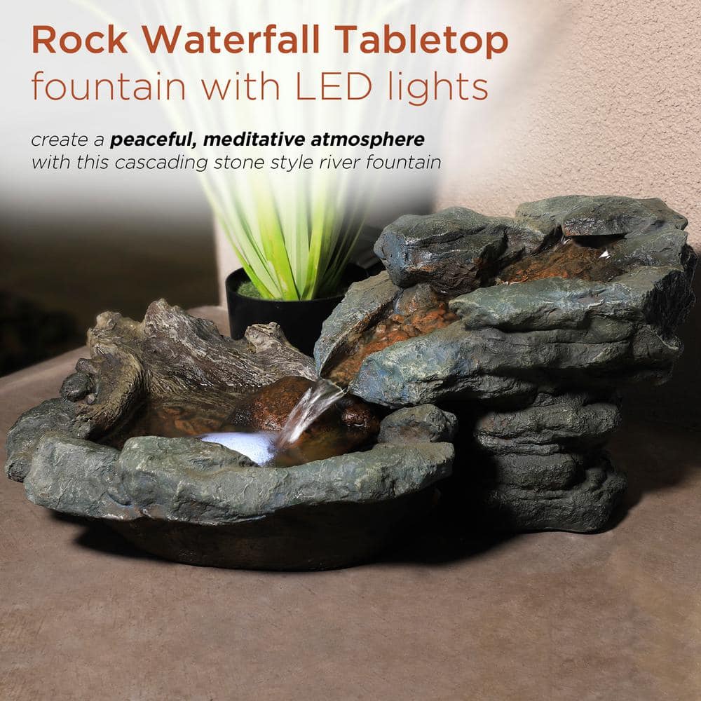 Alpine Corporation 9 in. Tall Indoor/Outdoor River Rock Waterfall Tabletop Fountain with LED Lights WIN568