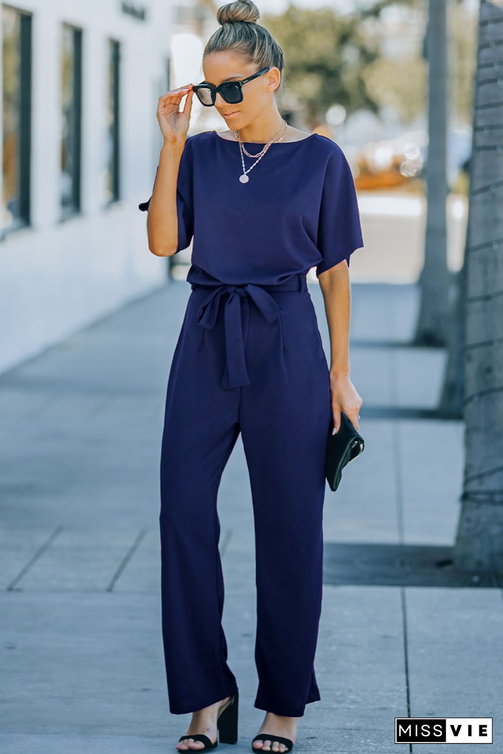 Blue Belted Wide Leg Jumpsuit