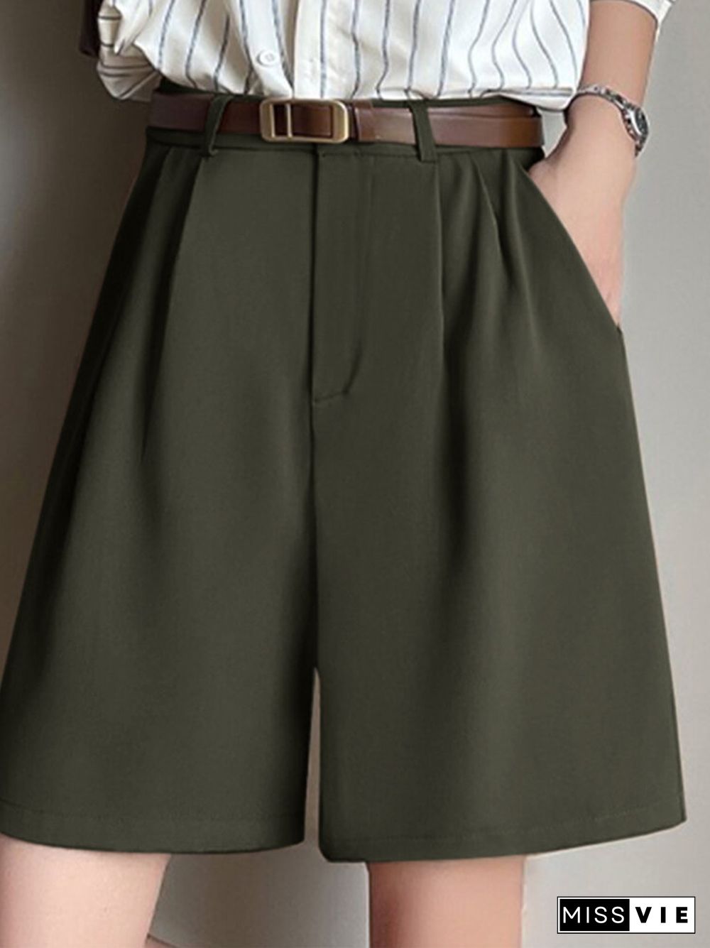 Women Solid Pocket Elastic Waist Back Wide Leg Shorts