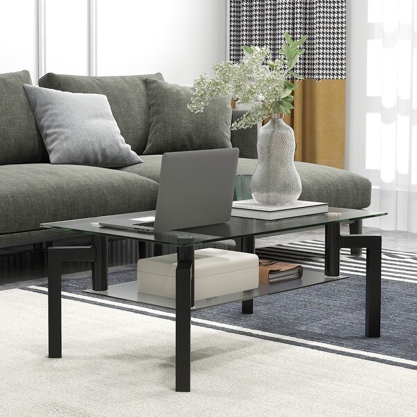 Gymax Glass Coffee Table 2-Tier Tempered Accent Table w/ Metal Tube