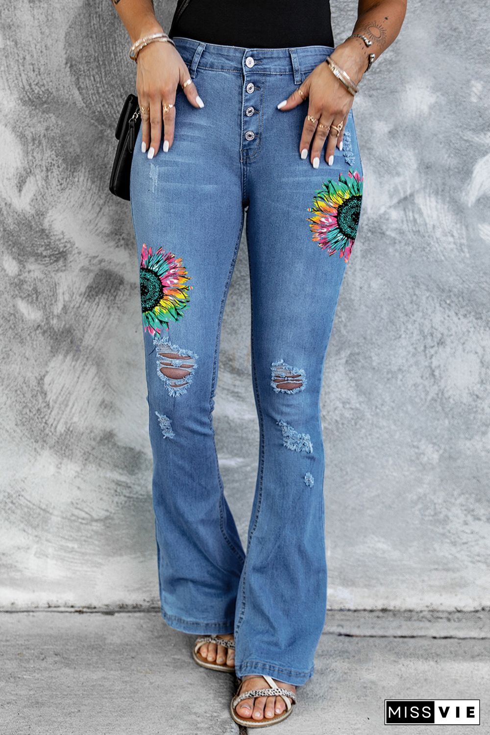 Sky Blue Tie Dye Sunflower Print Buttons Distressed Flare Jeans