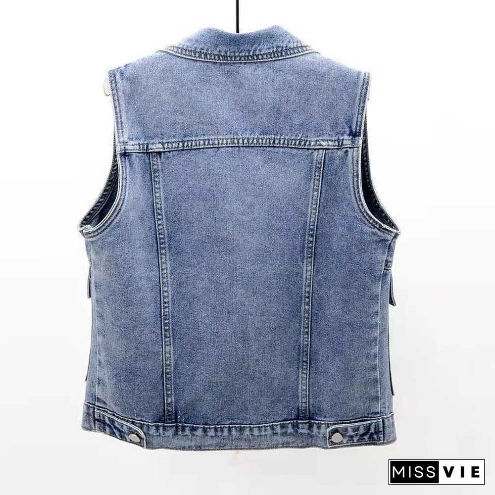 Women's Vest Big Pocket Jean Top Plus Size Spring Summer Waistcoat Blue Turn-down Collar Loose Denim Sleeveless Jacket Woman