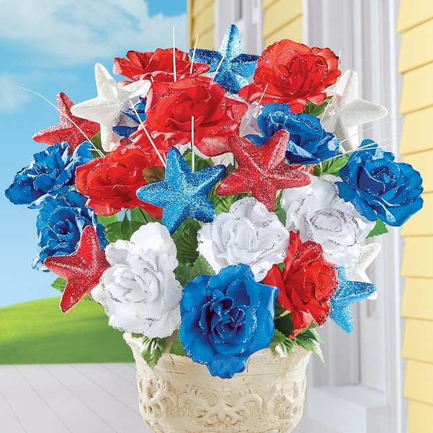 Collections Etc Patriotic Glitter Rose and Stars 3-piece Bush Set 10 X 10 X 18