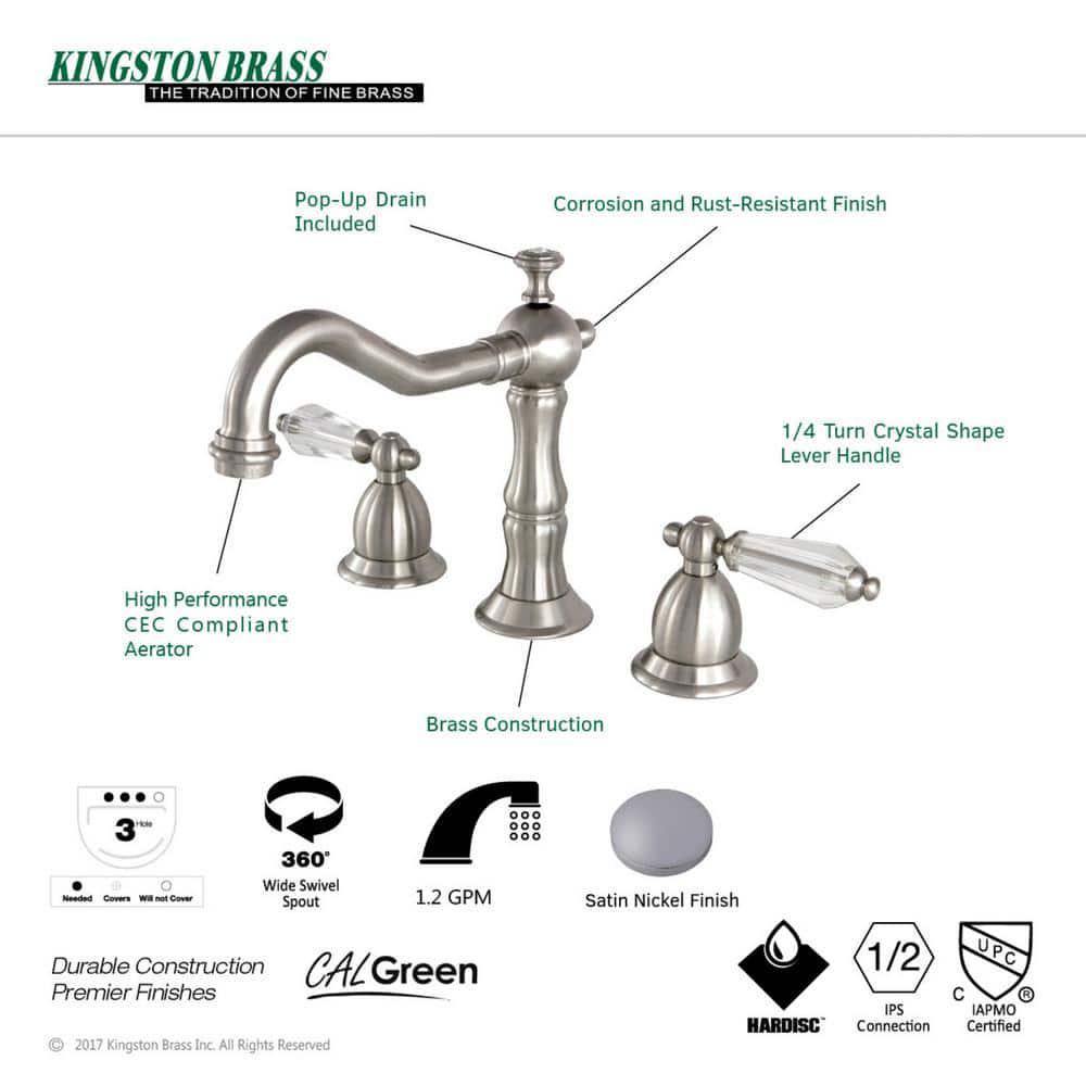 Kingston Brass Transitional Crystal 8 in Widespread 2Handle HighArc Bathroom Faucet in Brushed Nickel