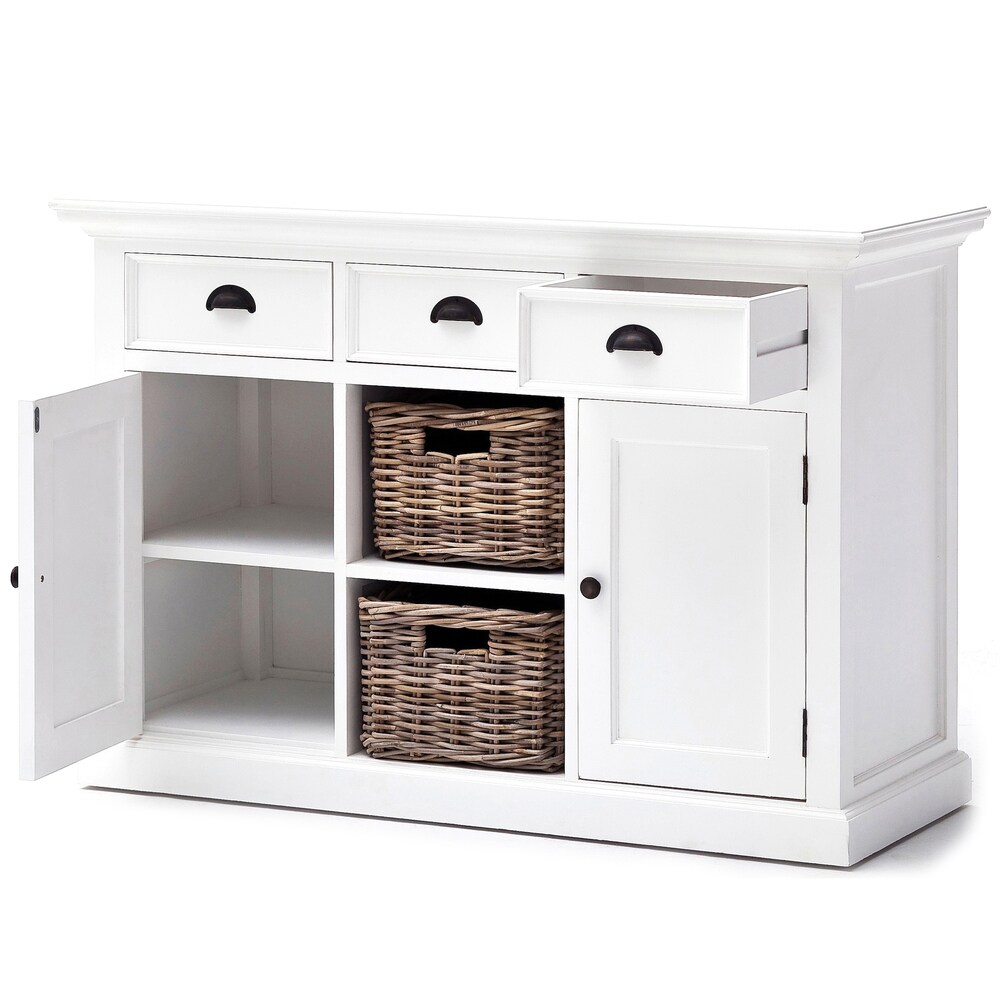 NovaSolo Halifax Coastal White Buffet with 2 Baskets  Solid Mahogany Frame  49.21 x 19.69 x 33.46   49.21 x 19.69 x 33.46