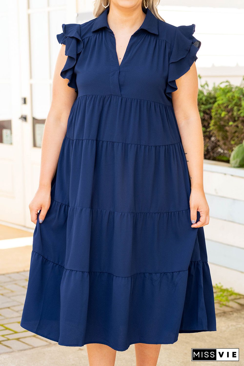 Blue Plus Size Ruffled Tiered A-line Midi Dress