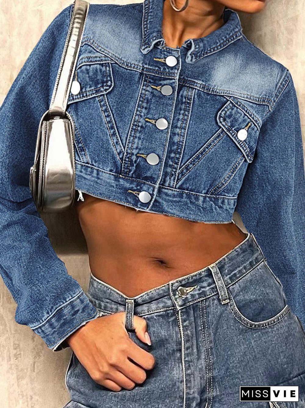 Short Denim Lapel Neck Crop Jacket