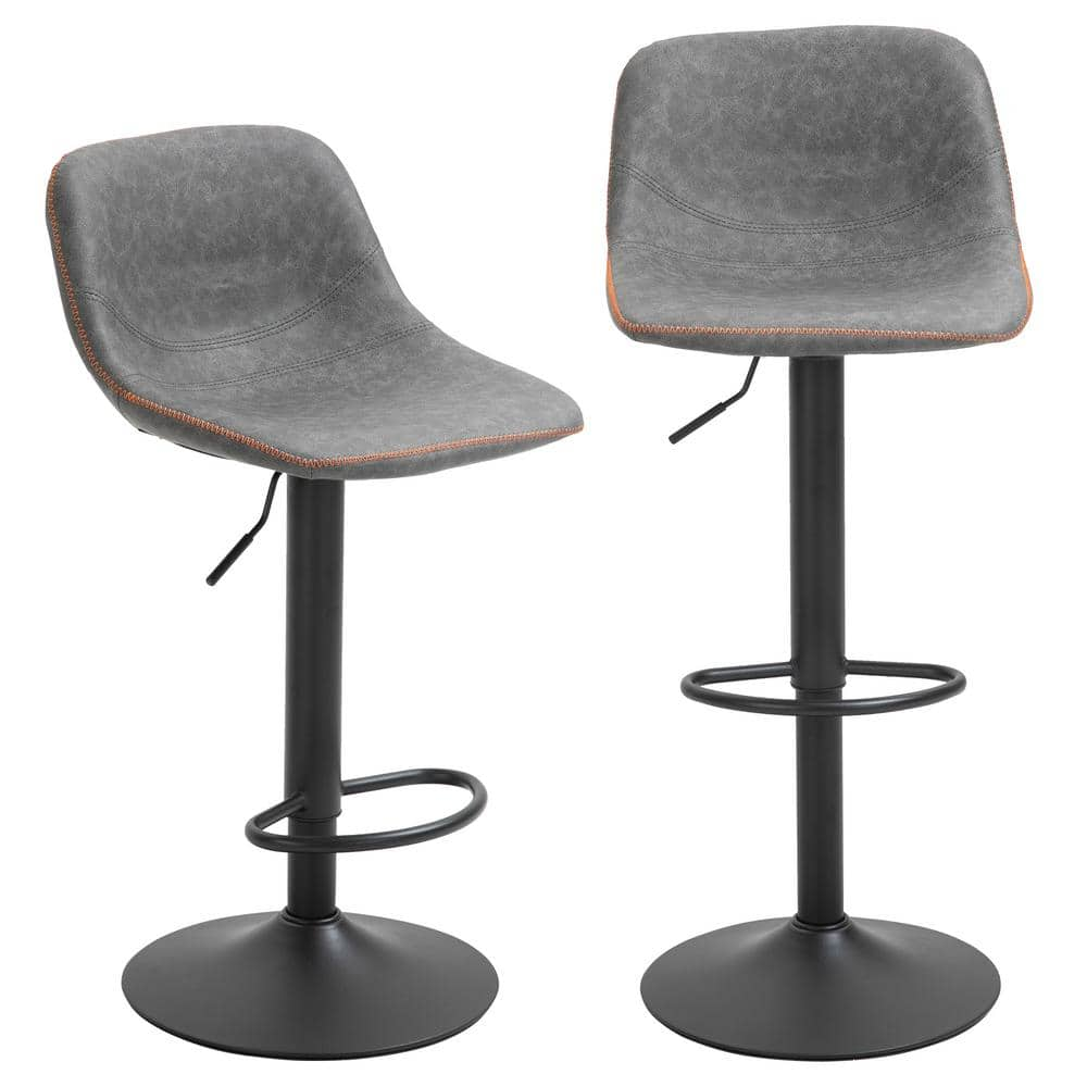 HOMCOM 41.75 in. Grey Low Back Metal Bar Height Swivel Bar Stool with PU Leather Seat (Set of 2) 835-327GY