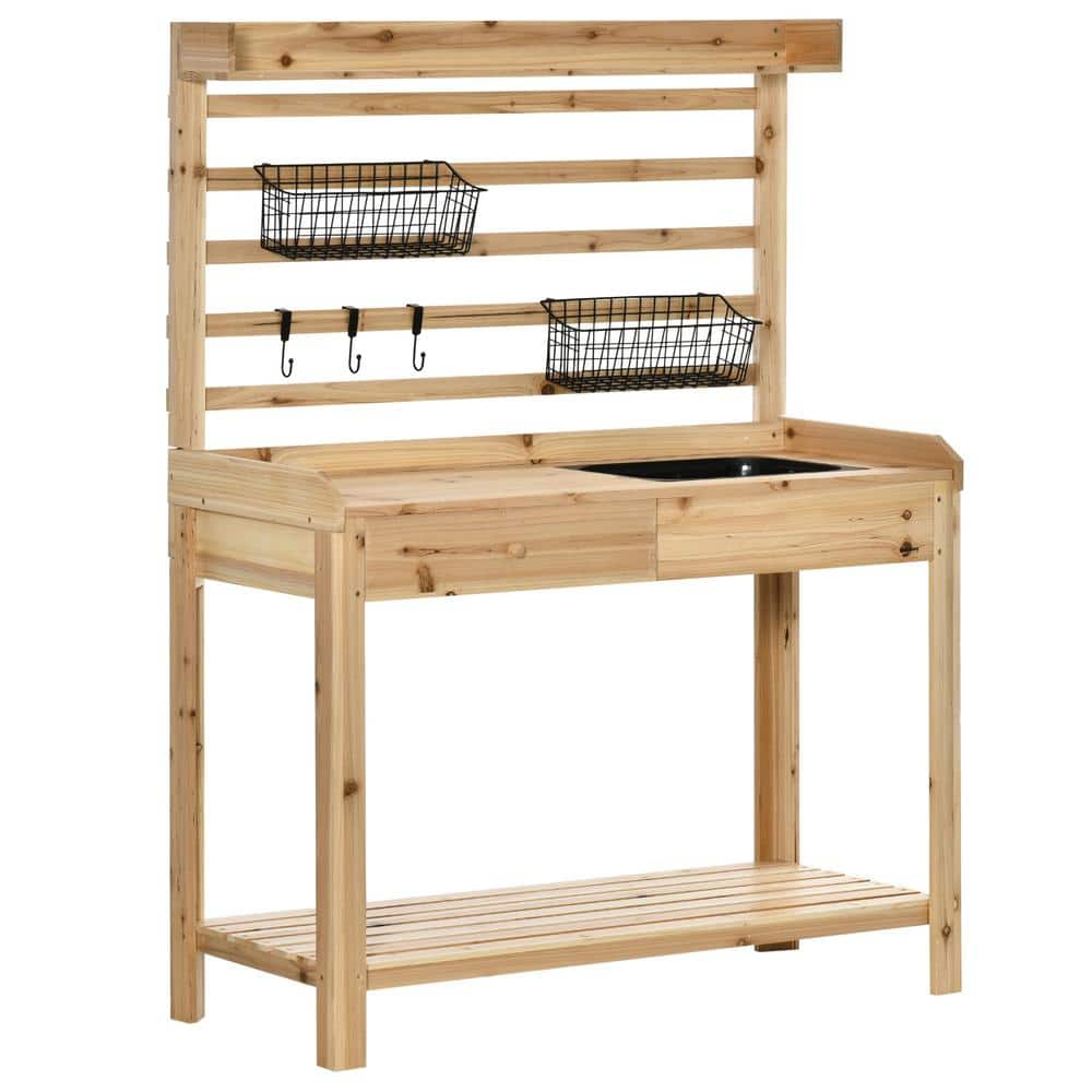 ITOPFOX 42.25 in. W x 56 in. H Natural Garden Work Bench with Metal Sieve Screen Removable Sink Hooks and Baskets H2SA21OT047