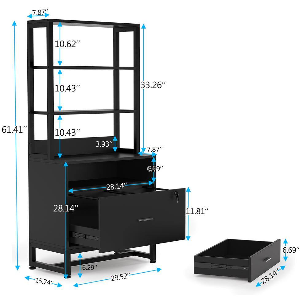 BYBLIGHT Atencio Black 2-Drawer Vertical File Cabinet with Lock and Open Bookshelf BB-C0575XL