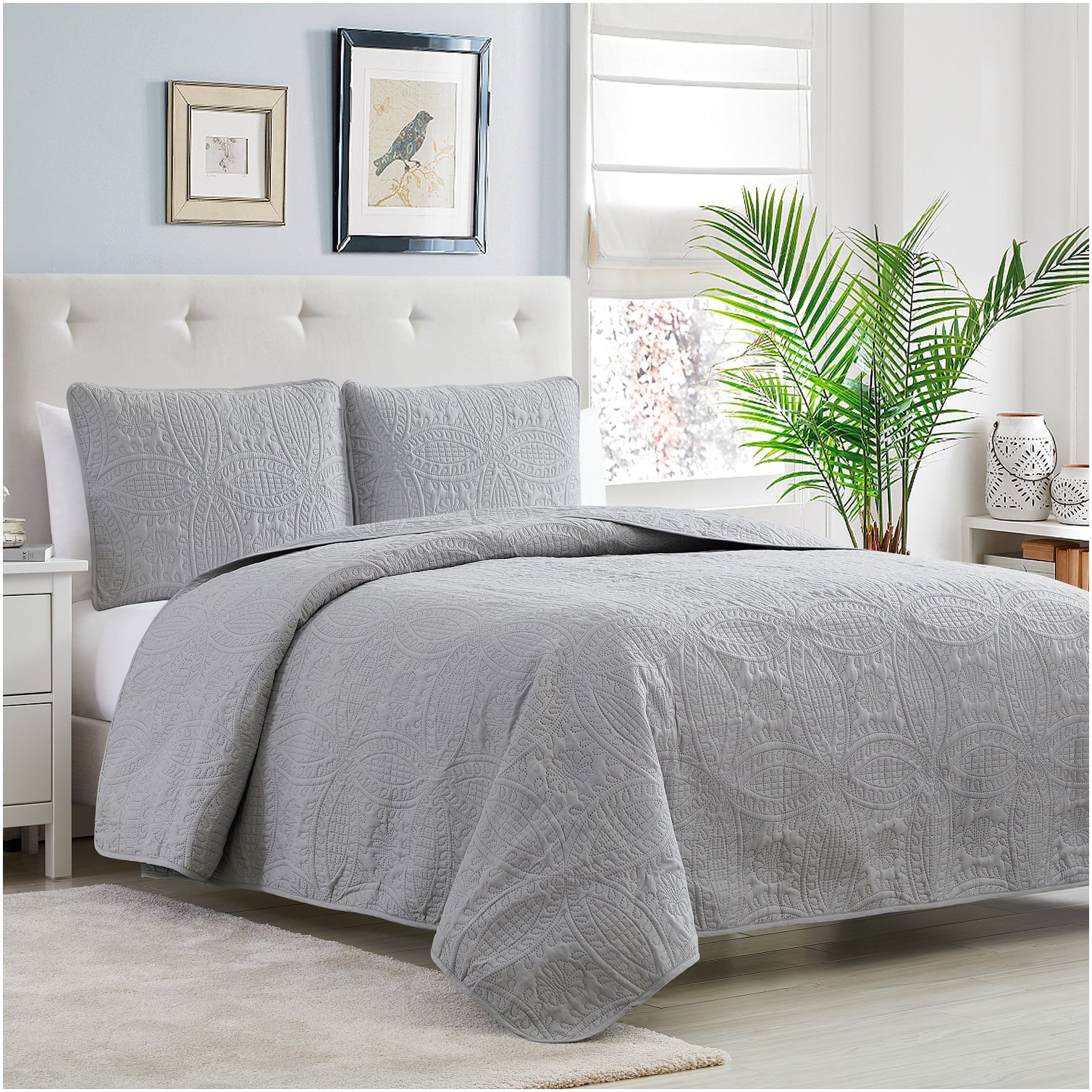 Mellanni Bedspread Coverlet Set Light-Gray - Reversible Bedding Cover - Oversized Quilt Set， 3 Piece， Full / Queen， Light Gray