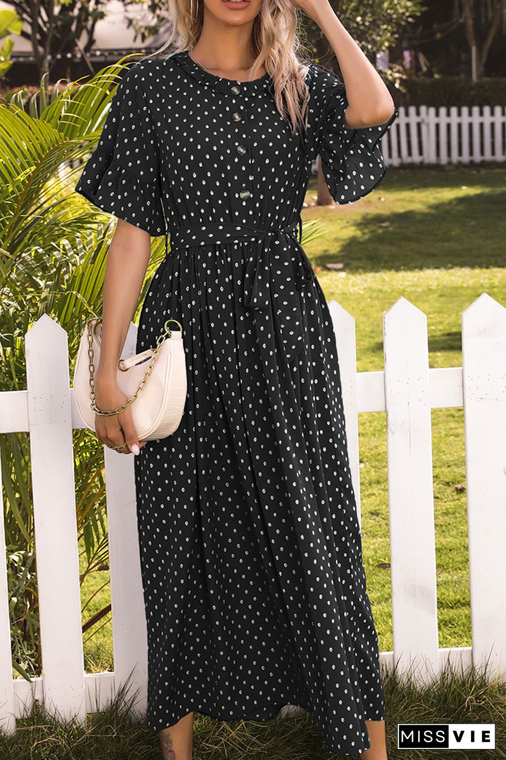 Ruffle Sleeves Polka Dot Buttoned Long Dress