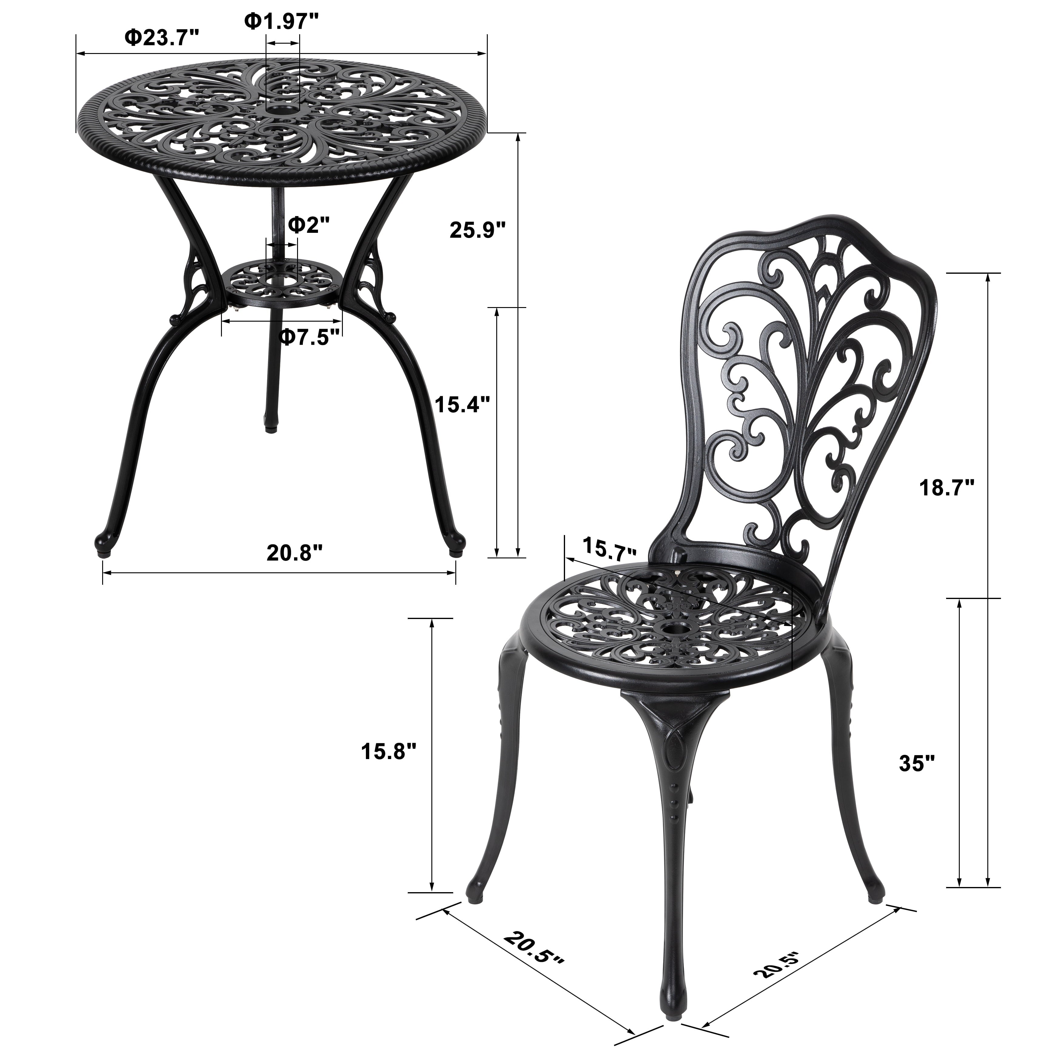 Nuu Garden Outdoor 3-Piece Cast Aluminum Patio Set with Umbrella Hole， Patio， Garden， Backyard and Balcony， Black with Gold Points