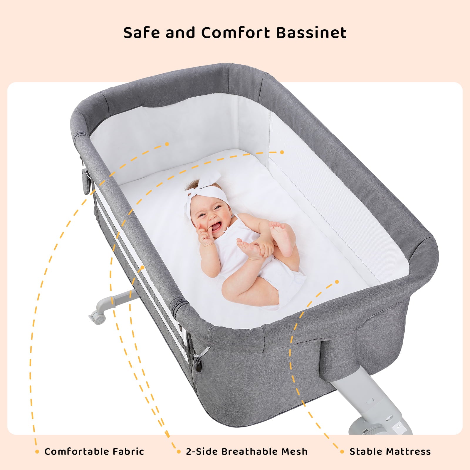 HEMBOR Unisex Baby Bassinet Adjustable Height Portable Baby Crib - Dark Gray