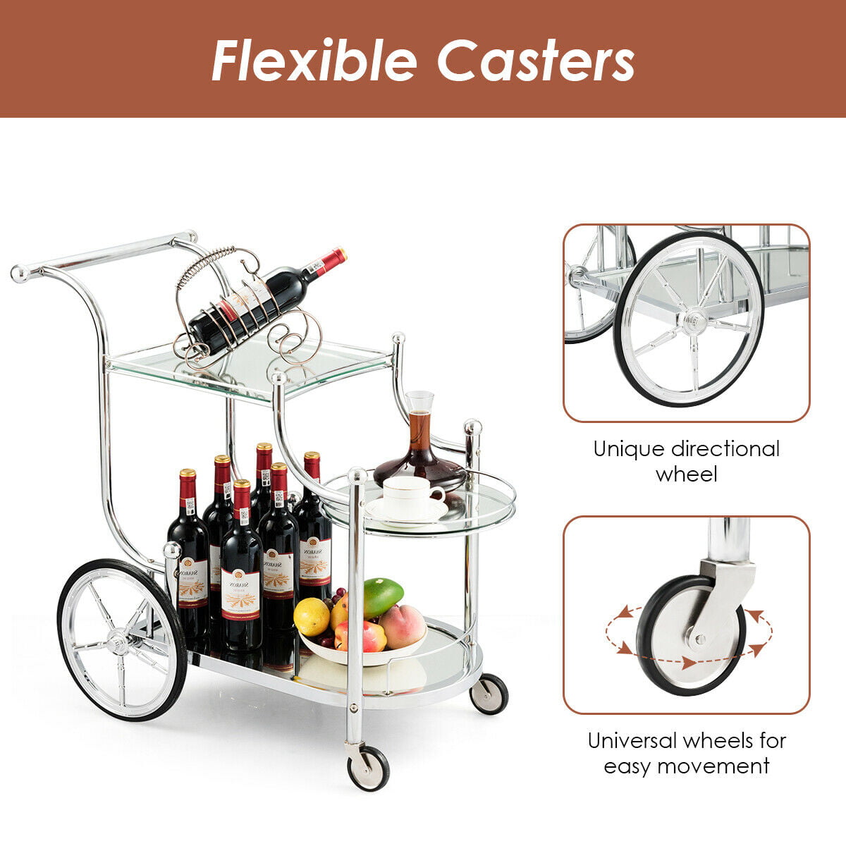 Gymax Serving Cart Kitchen Bar Wine Tea Cart Glass Shelves and Metal Frame with Wheels