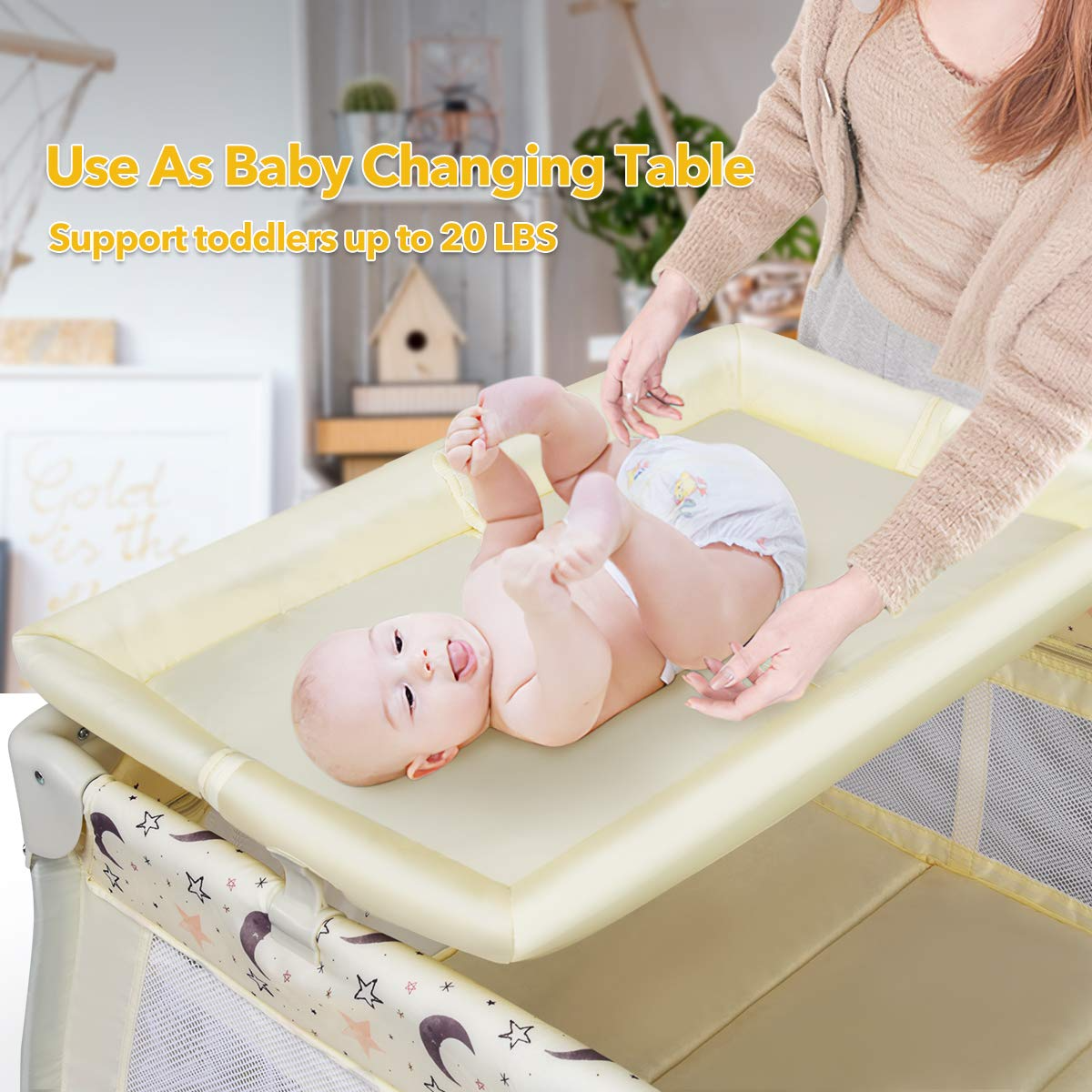 BABY JOY 3 in 1 Portable Pack and Play with Bassinet, Convertible Baby Travel Crib Playard with Changing Table