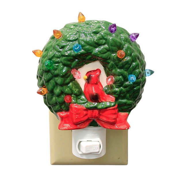 Christmas Wreath Night Light One Night Light 5 25 Inches Cardinal Electric Plug in Mx181443 Ceramic Green