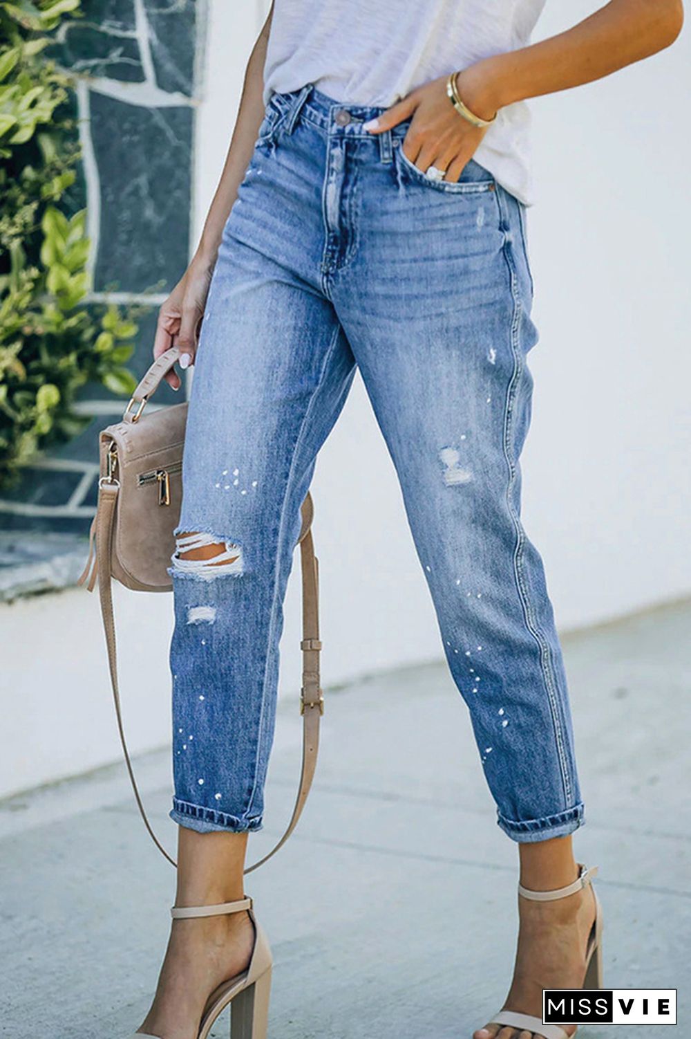 Blue Ripped Washed Stretch Denim Jeans Pants