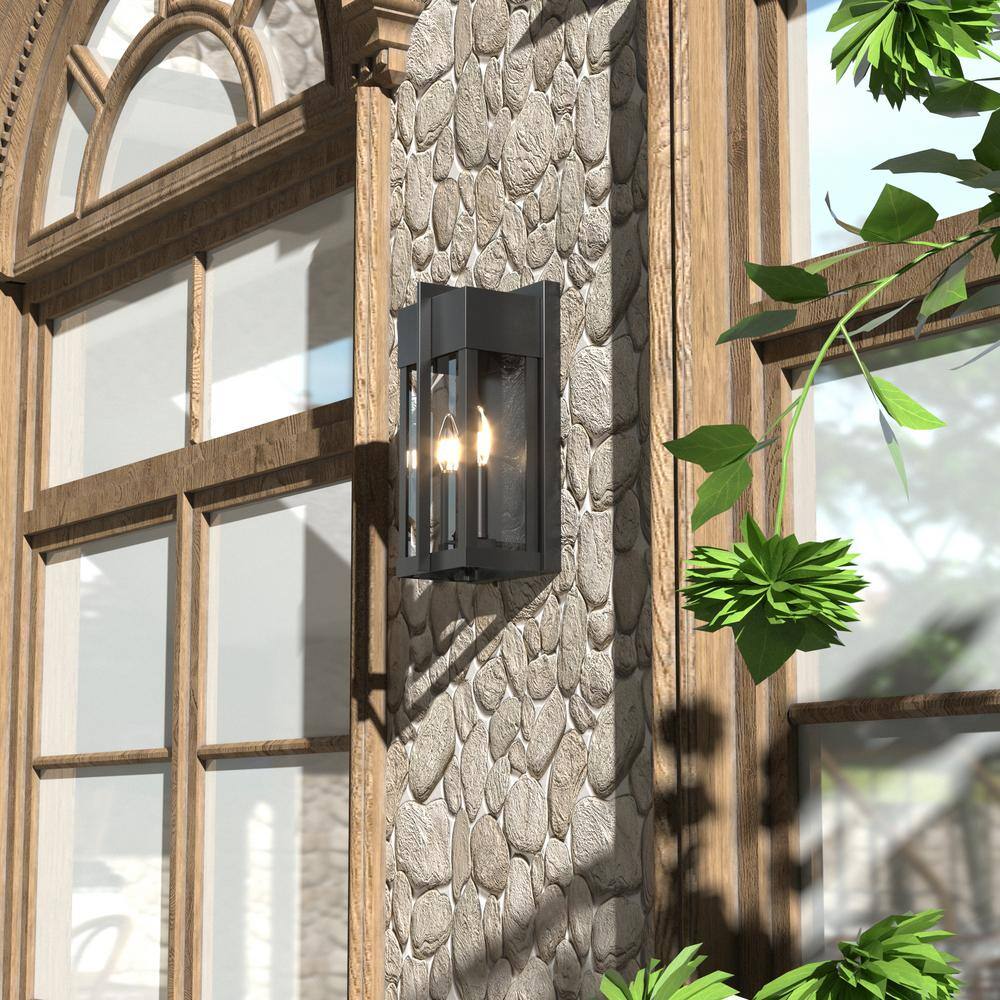 Maxax Montpelier Black 13 in. H 2-Light Outdoor Hardwired Water Glass Wall Lantern Sconce with Dusk to Dawn 2418-2W