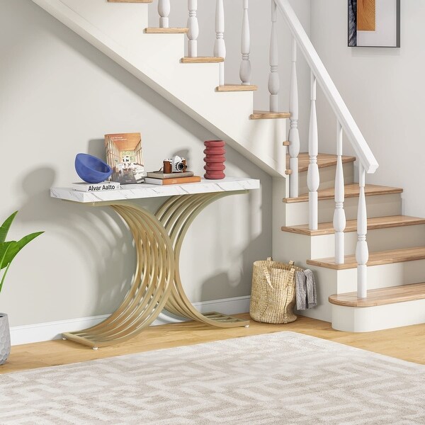 Gold Entryway Console Table with Metal Base， Modern foyer Entry tables， Narrow Sofa Accent Table with Marble Top