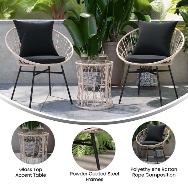 Indoor/Outdoor Rattan Rope Bistro Set，Glass Top Table and Cushions