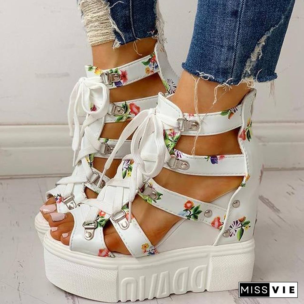 INS Hot Print Leisure Wedges Women's Shoes Summer Shoes Women Sandals Platform Shoelaces High Heels Casual Shoes Woman