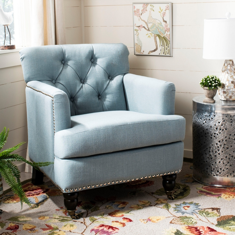 Leonard Tufted Club Chair With Brass Nail Heads Sky Blue/ Dark Brown   Traditional   Armchairs And Accent Chairs   by Peachtree Fine Furniture  Houzz