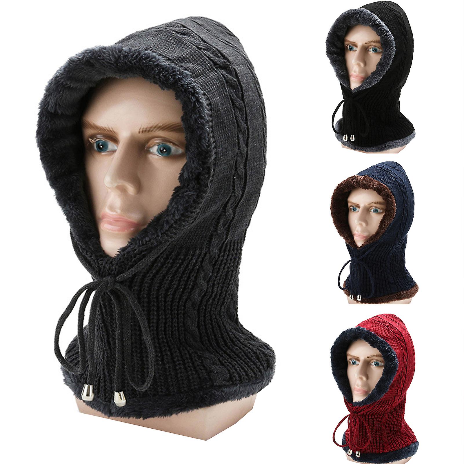 Men Women Winter Balaclava Warm Fleece Knitted Hat Windproof Drawstring Outdoor Cycling Neck Gaiter Black