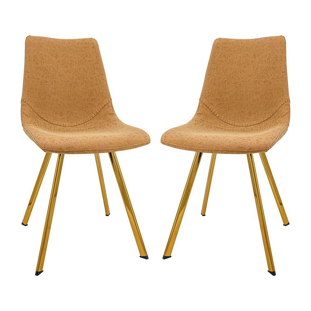 LeisureMod Markley Modern Leather Dining Chair with Gold Legs Set of 2 - Light Brown