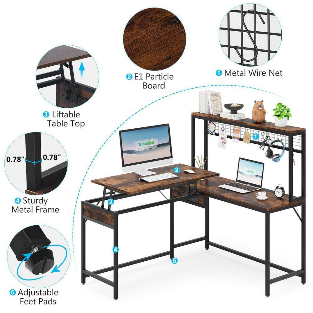 TRIBESIGNS WAY TO ORIGIN Perry 55 in. L-Shaped Brown Wood Computer Desk with Hutch and Adjustable Lift Top J-G393