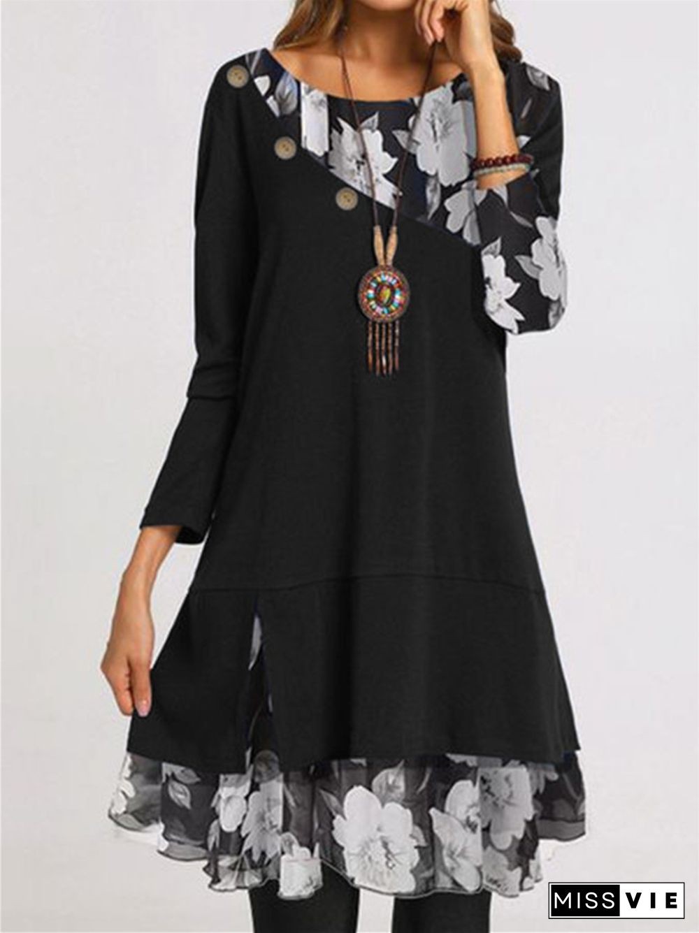 Chiffon Printed Loose Large Black Dresses