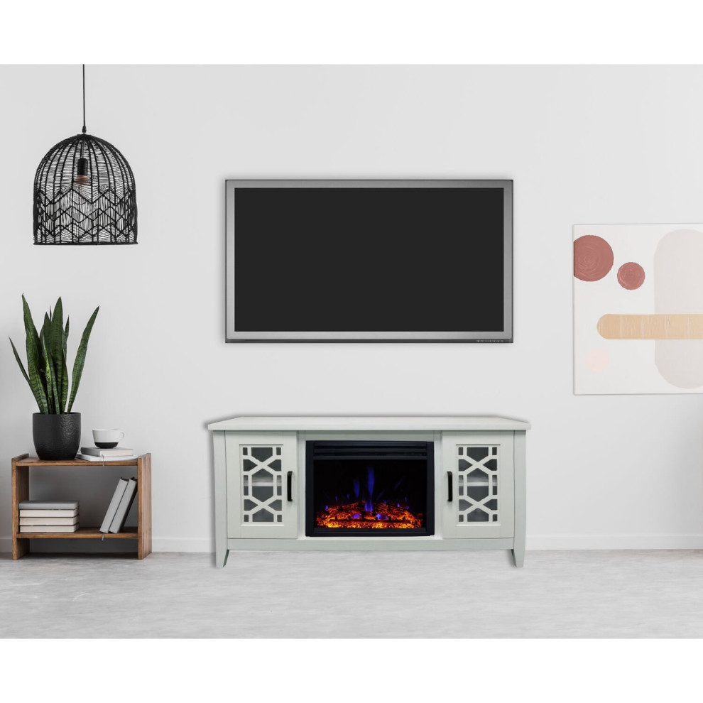 Retro TV Stand  Glass Door With Cut Out Pattern and Center Fireplace   Transitional   Entertainment Centers And Tv Stands   by Declusia  Houzz