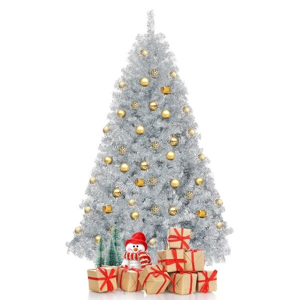 6ft Hinged Unlit Artificial Silver Tinsel Christmas Tree Holiday with Metal Stand