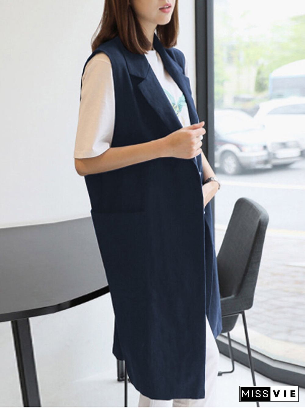 Solid Dual Pocket Slit Hem Lapel Sleeveless Vest Jacket