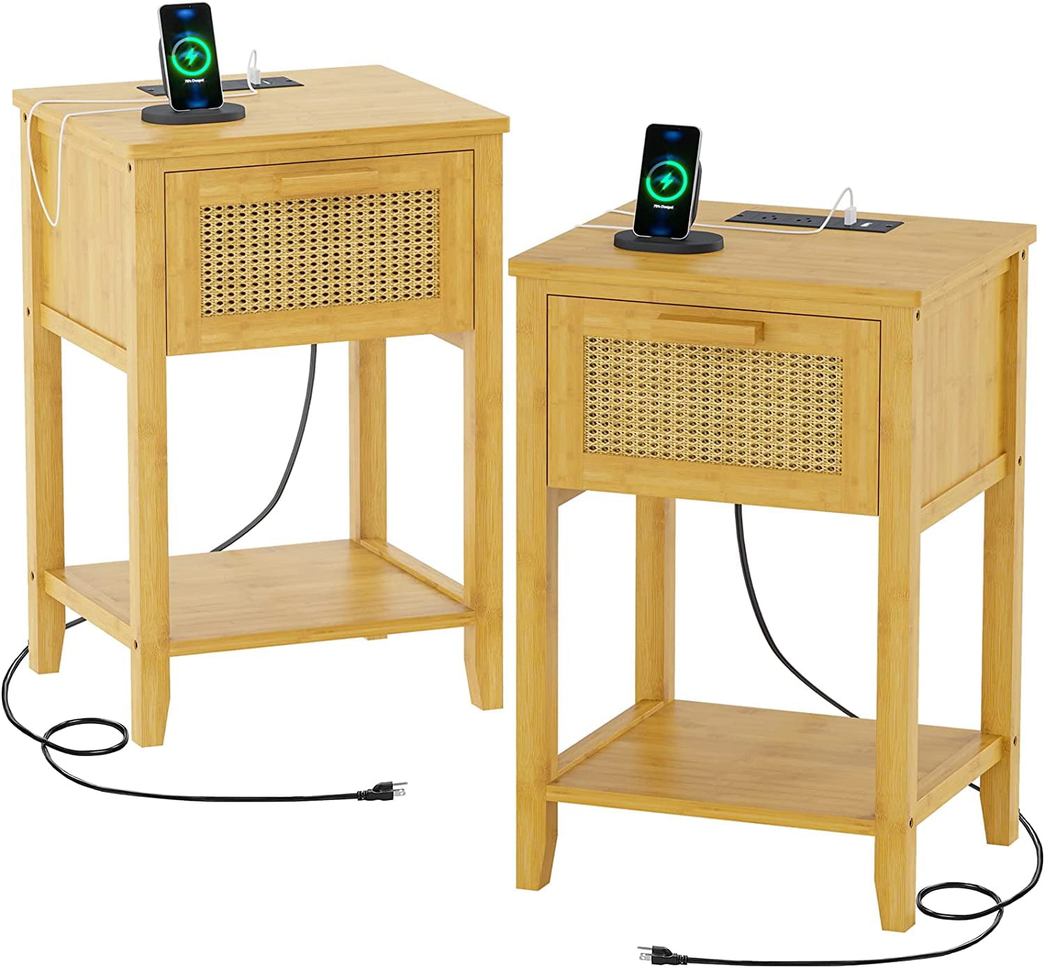 EPHEX Nightstands Set of 2, Rattan Nightstands with Charging Station and Drawer, Solid Wood Bedside Tables with Open Shelf, Bamboo