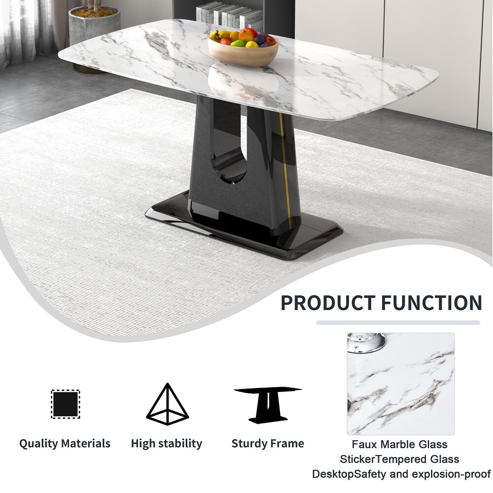 1 table and 4 chairs. Modern  simple and luxurious white imitation marble rectangular table and desk with 4 white PU leg