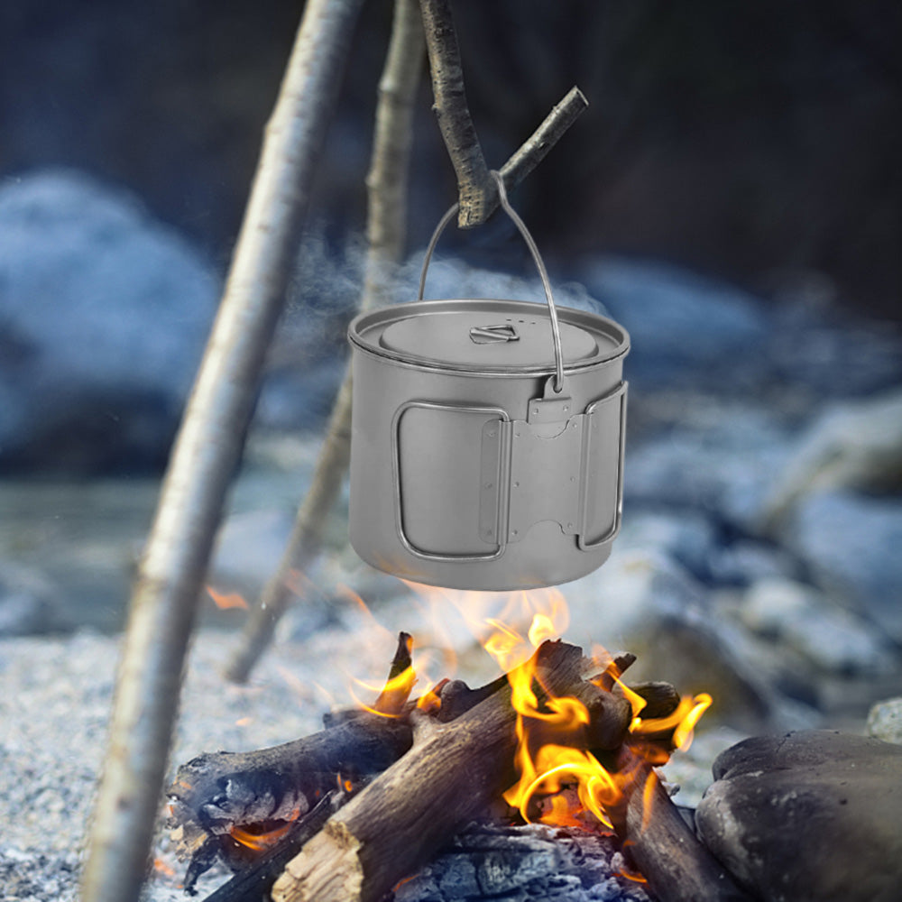 Anself 1100ml Titanium Pot Ultralight Portable Hanging Pot with Lid and Foldable Handle Outdoor Camping Hiking Backpacking