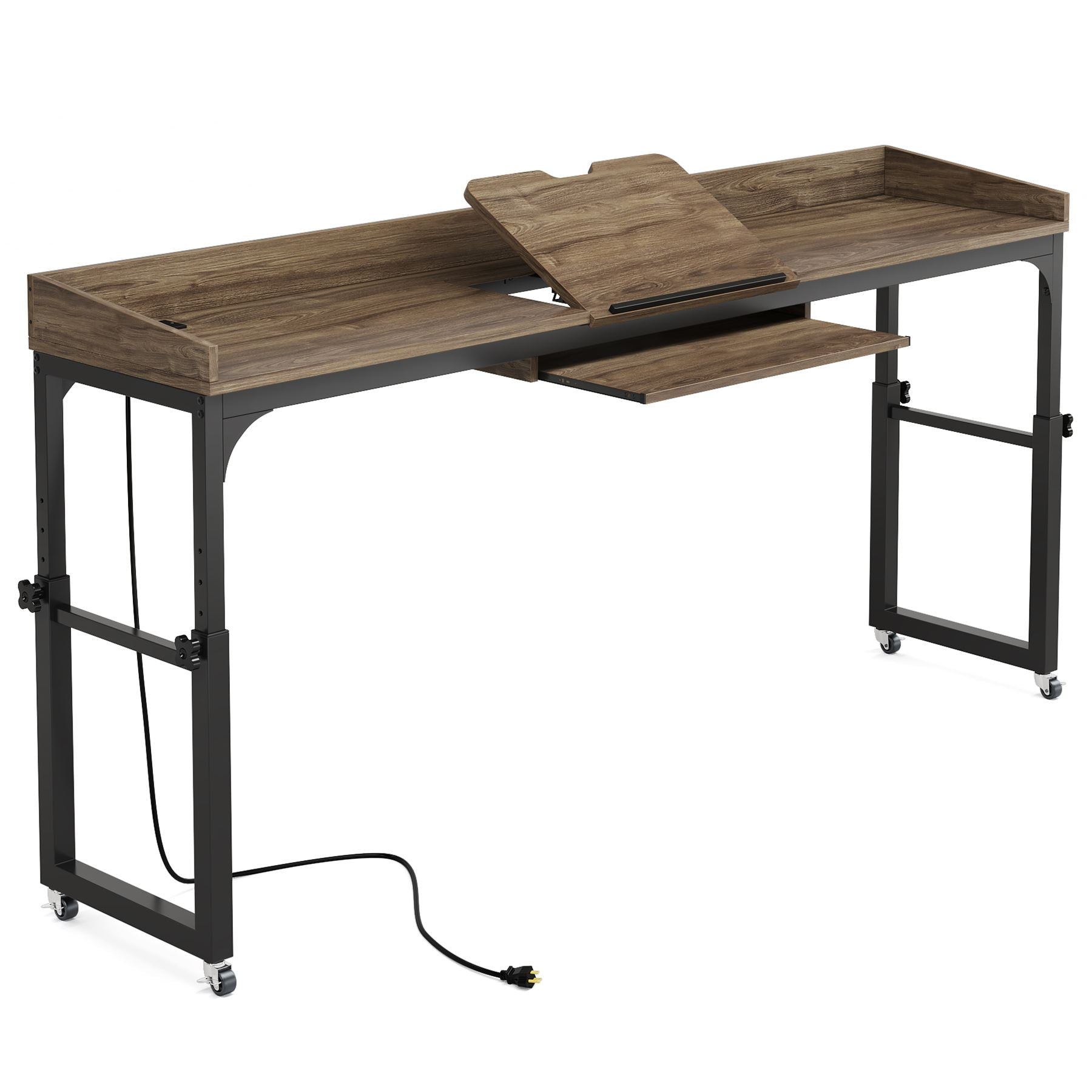 Height Adjustable Overbed Table with Wheels & Charging Station