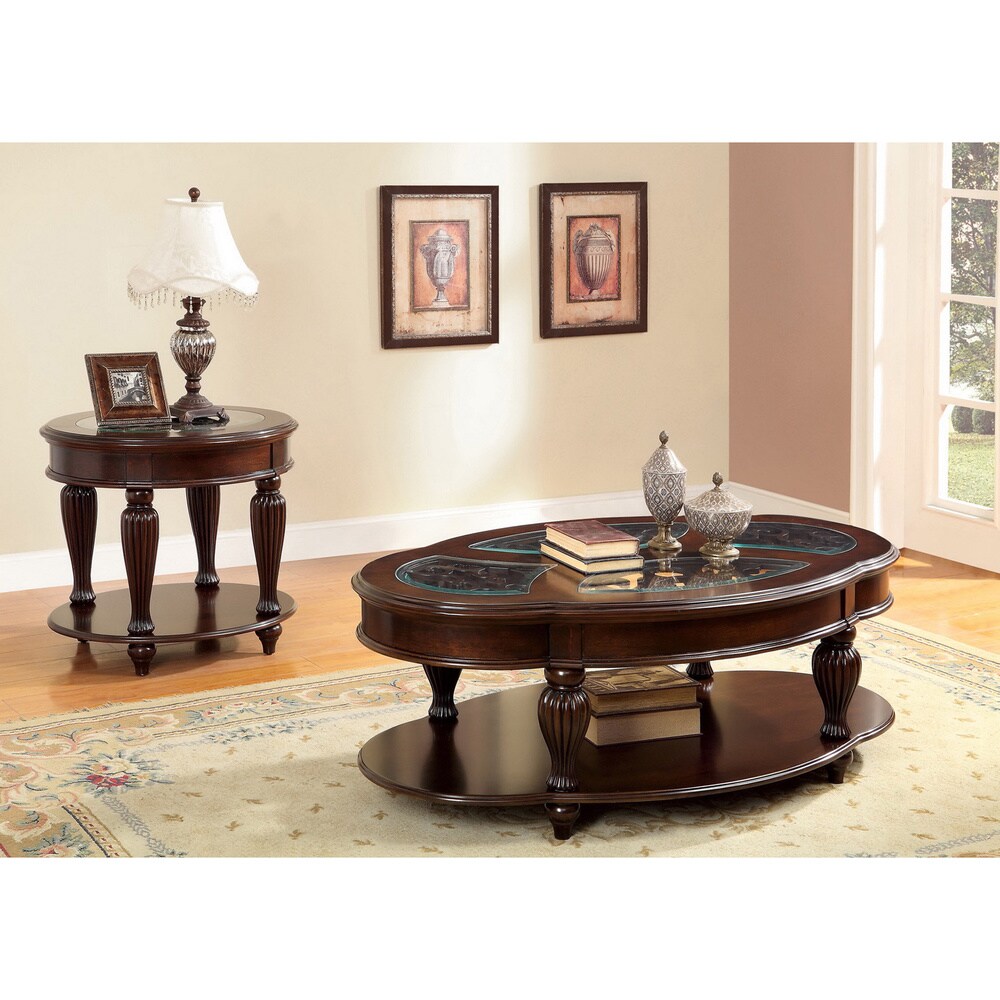 Zerathe Traditional Cherry 54 inch Glass Top Insert 2 Piece Accent Table Set by Furniture of America